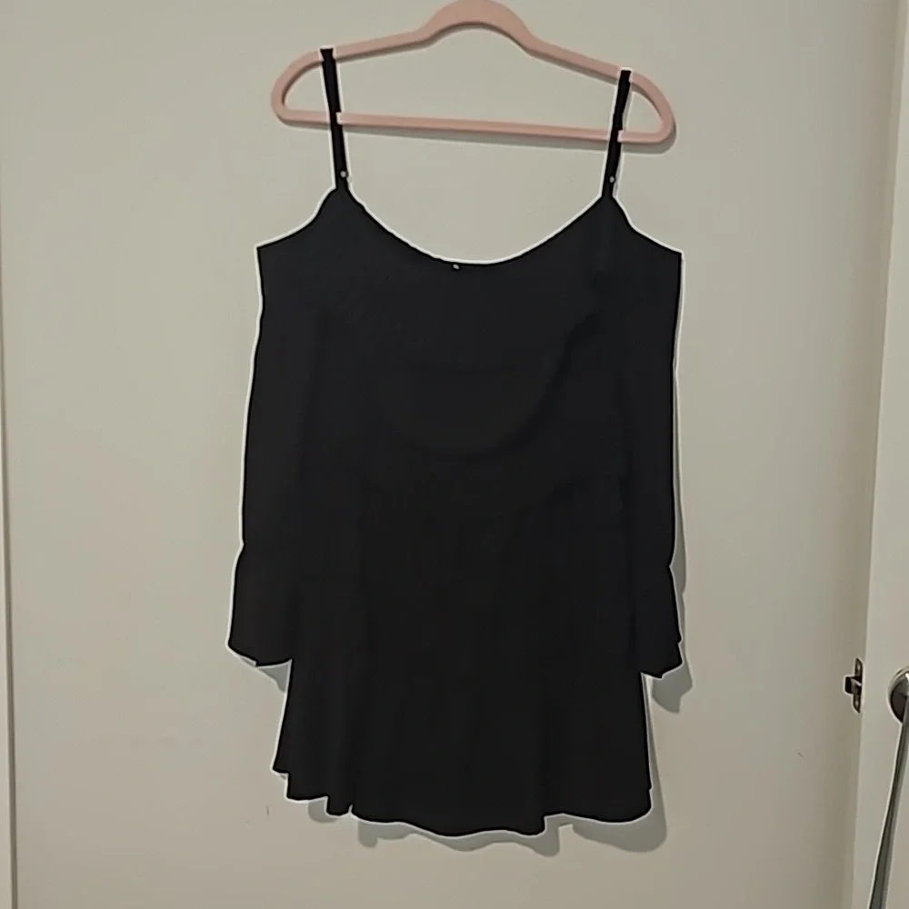 FOXIEDOX by Anthropologie Plisse Tiered Black Cold Shoulder Mini Dress - Picture 2 of 6